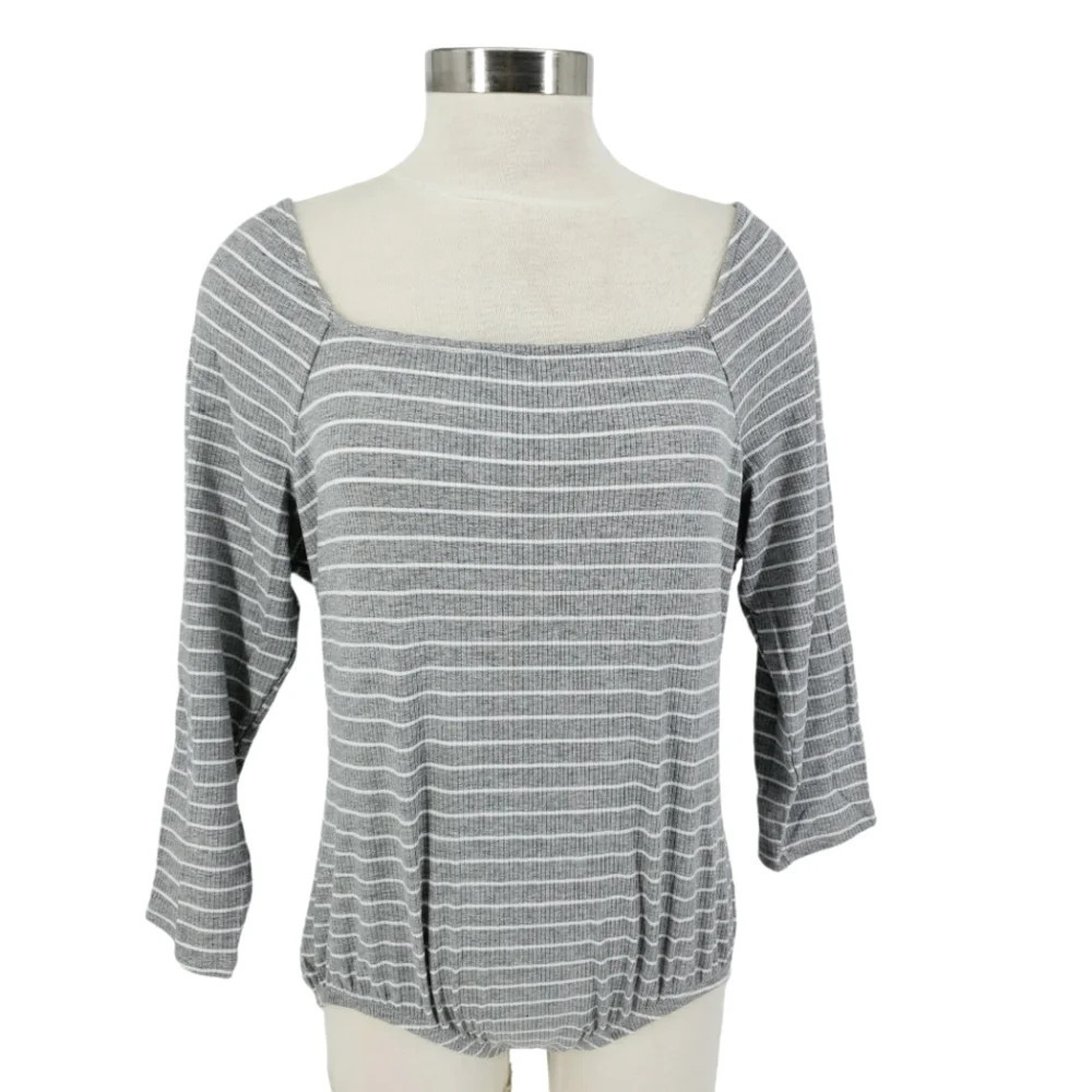 NY Collection Bodysuit Gray Striped 3/4 Sleeve Rib Knit One Piece Shirt Top